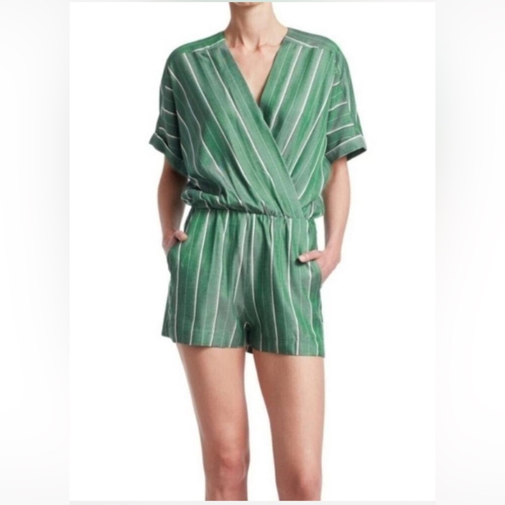 Maje Ipandoni Romper Size XS/ 36 Green Stripe V-Neck Shorts Pockets Elastic